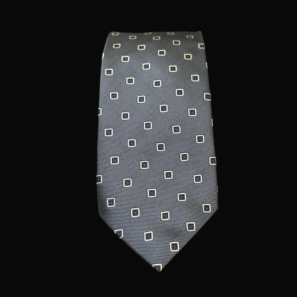 Corneliani Italy Silk Tie Grey Blue Geometric Square Hand Stitched Men Necktie